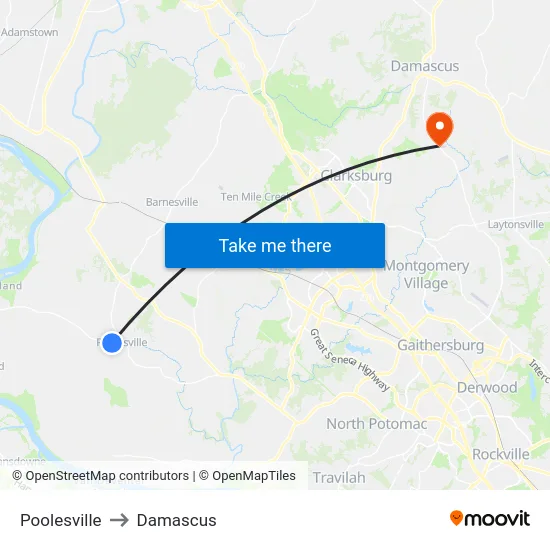 Poolesville to Damascus map