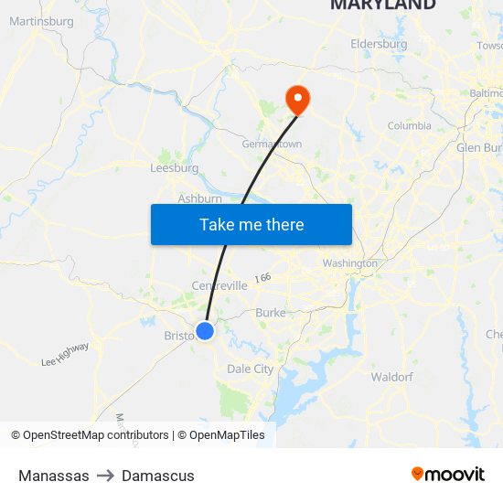 Manassas to Damascus map