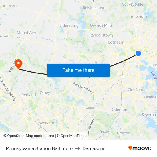 Pennsylvania Station Baltimore to Damascus map
