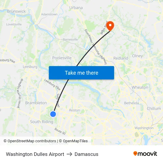 Washington Dulles Airport to Damascus map