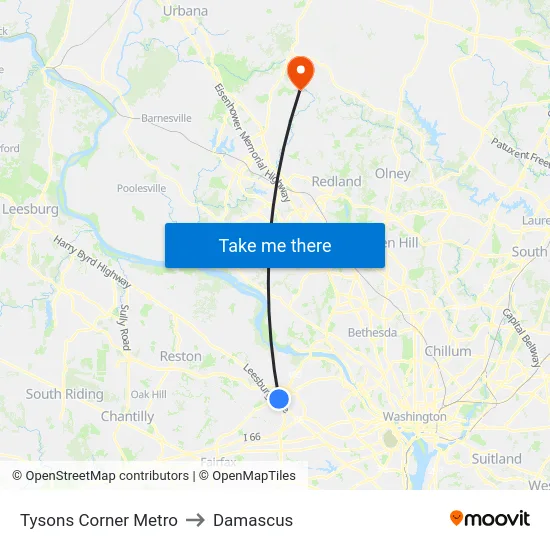 Tysons Corner Metro to Damascus map
