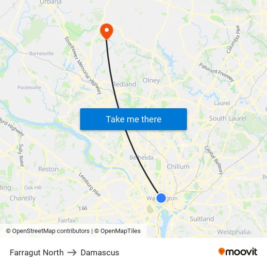 Farragut North to Damascus map