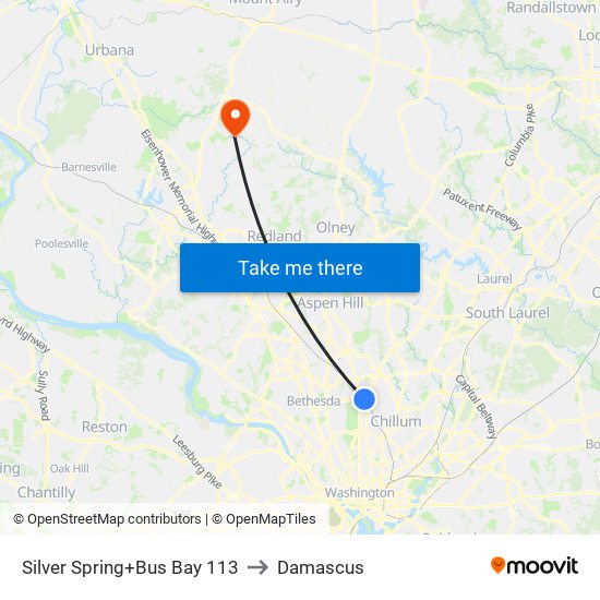 Silver Spring+Bus Bay 113 to Damascus map