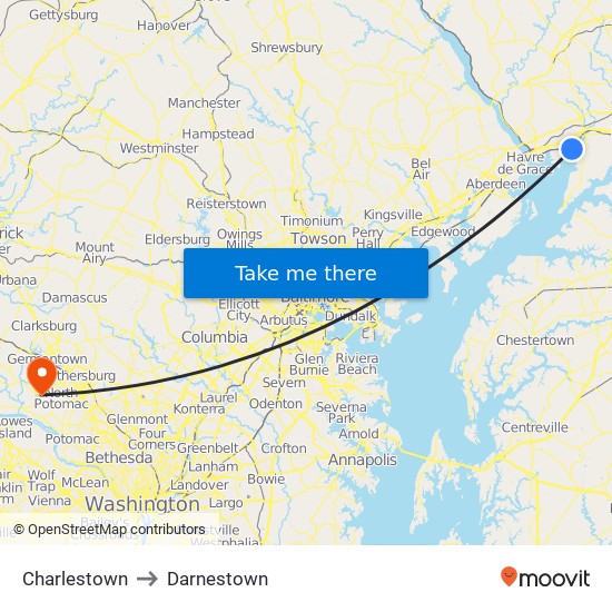Charlestown to Darnestown map
