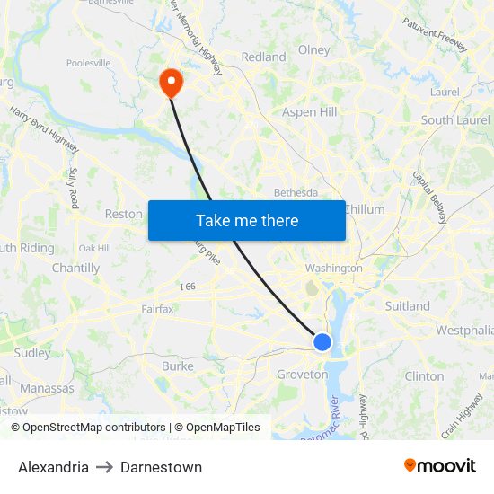 Alexandria to Darnestown map