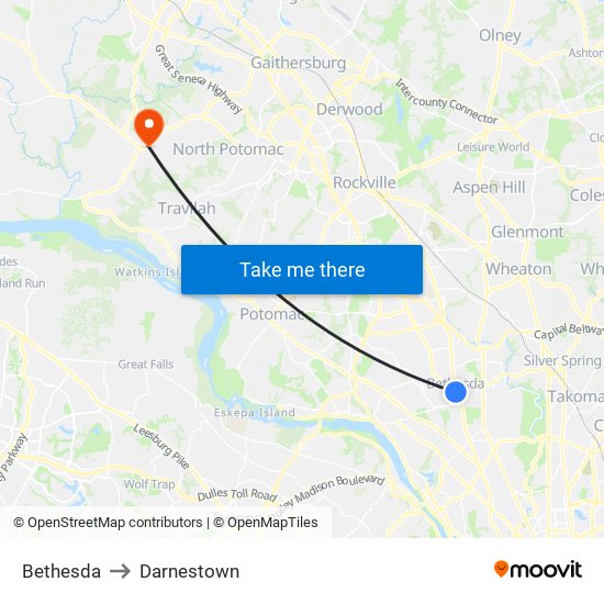 Bethesda to Darnestown map