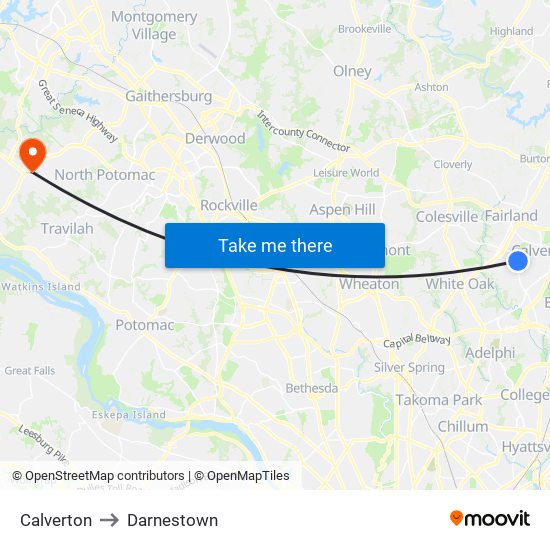 Calverton to Darnestown map