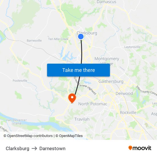 Clarksburg to Darnestown map