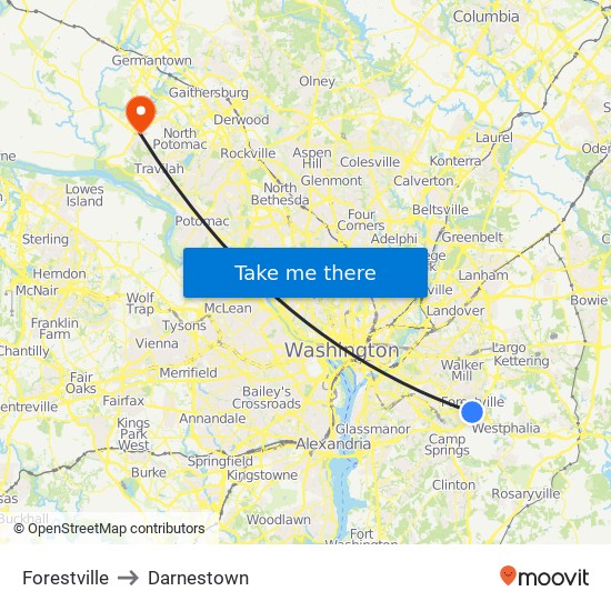 Forestville to Darnestown map