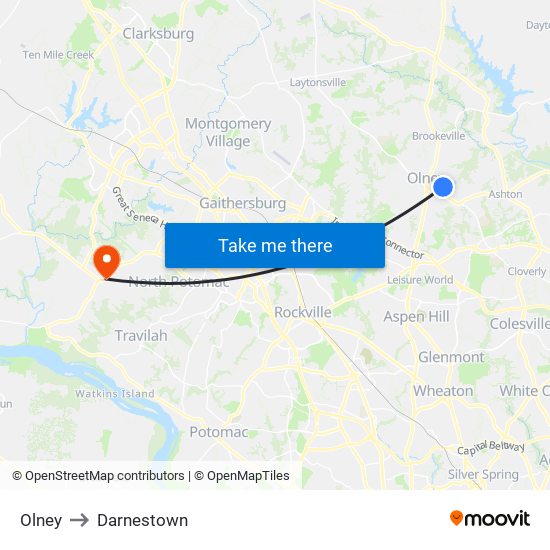 Olney to Darnestown map