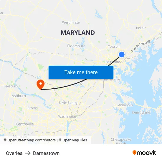Overlea to Darnestown map