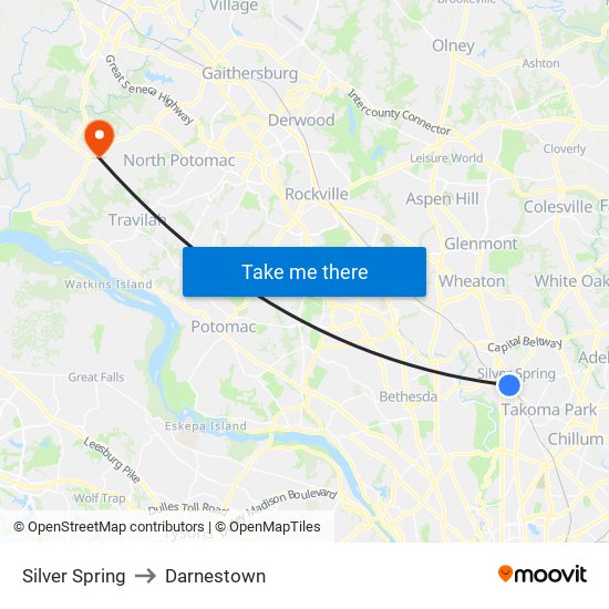 Silver Spring to Darnestown map