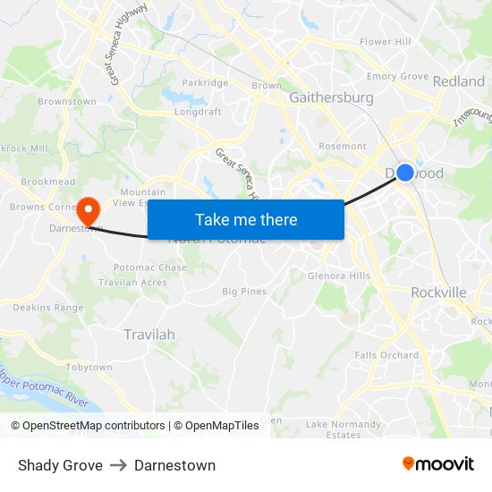 Shady Grove to Darnestown map