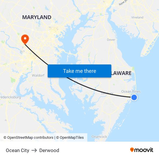 Ocean City to Derwood map