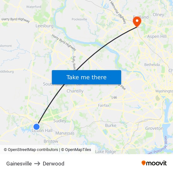 Gainesville to Derwood map