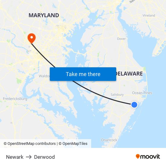 Newark to Derwood map