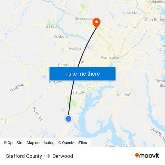 Stafford County to Derwood map