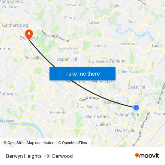 Berwyn Heights to Derwood map