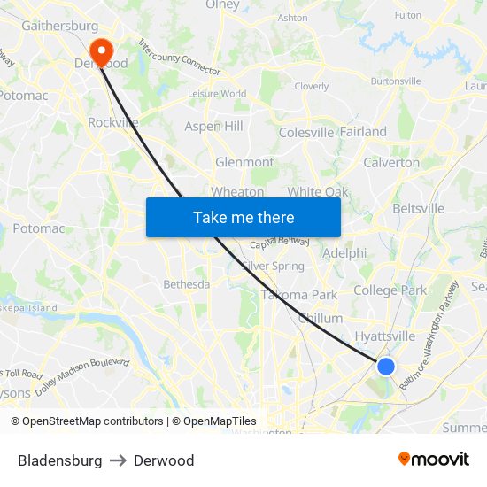 Bladensburg to Derwood map