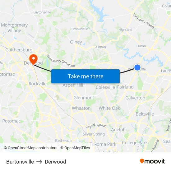 Burtonsville to Derwood map