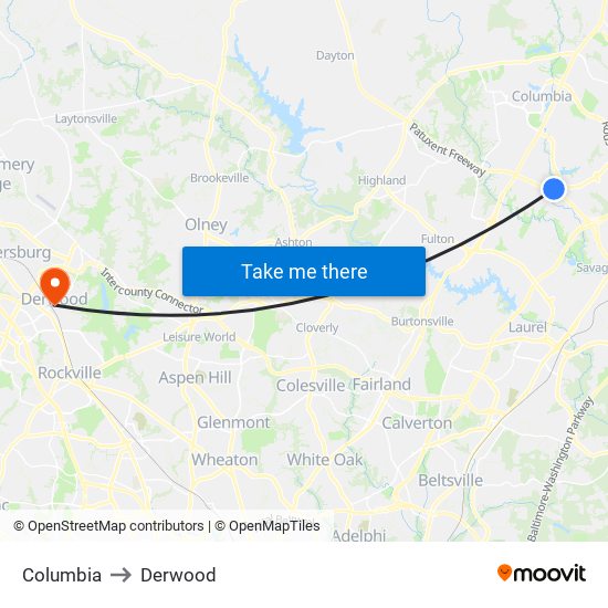 Columbia to Derwood map