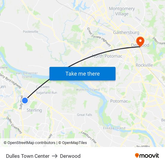 Dulles Town Center to Derwood map