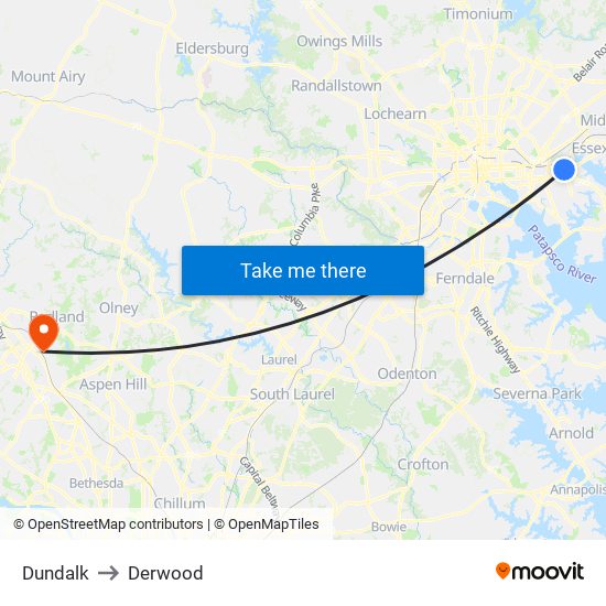 Dundalk to Derwood map