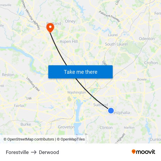 Forestville to Derwood map