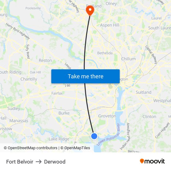 Fort Belvoir to Derwood map