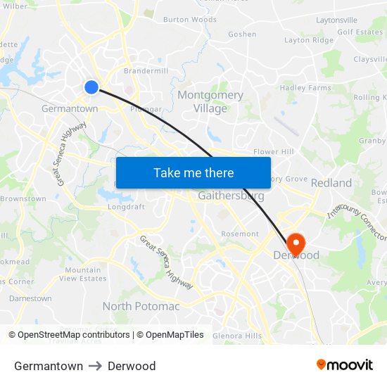 Germantown to Derwood map
