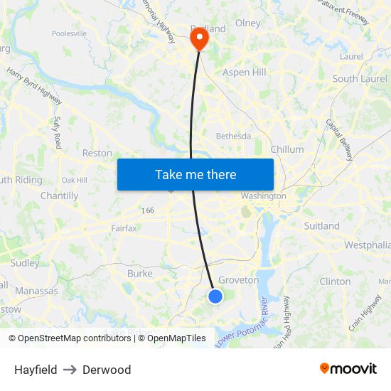 Hayfield to Derwood map