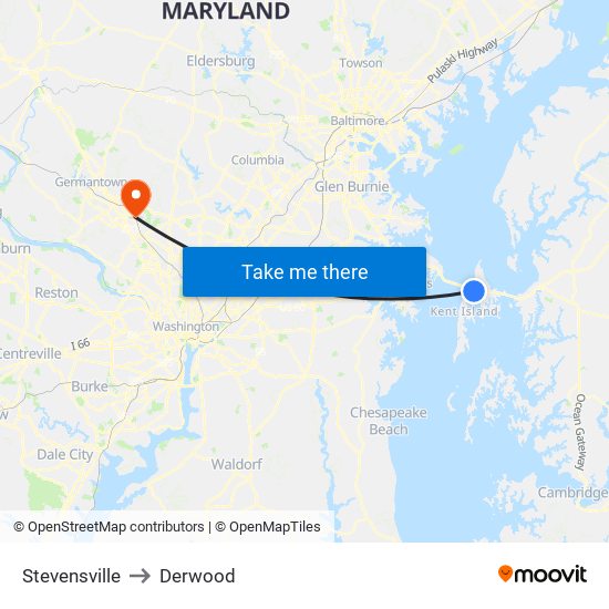 Stevensville to Derwood map