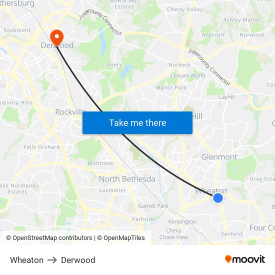 Wheaton to Derwood map