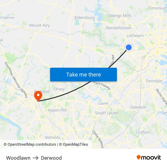 Woodlawn to Derwood map