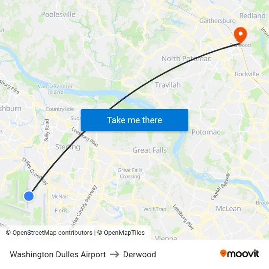 Washington Dulles Airport to Derwood map