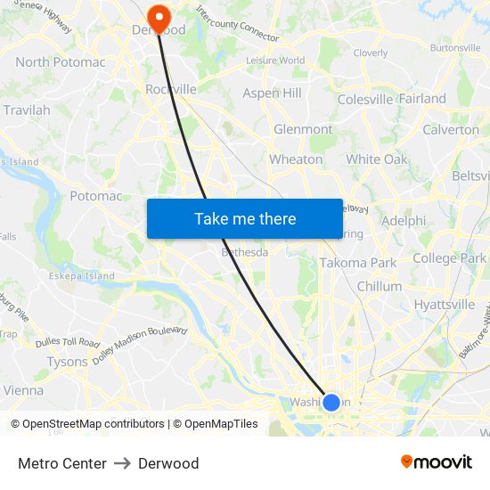 Metro Center to Derwood map