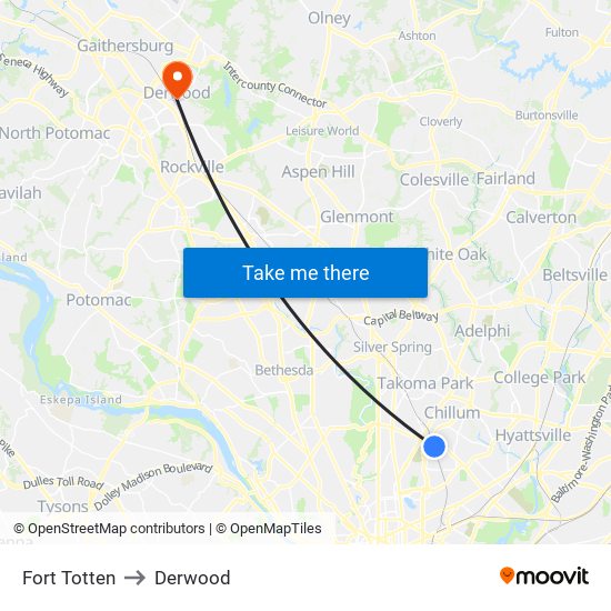 Fort Totten to Derwood map