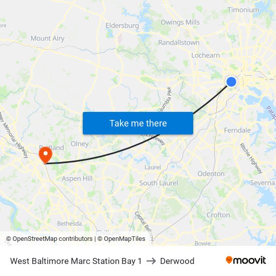 West Baltimore Marc Station Bay 1 to Derwood map