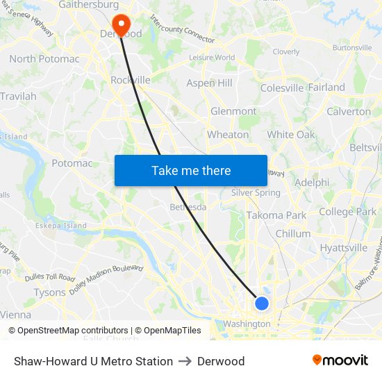 Shaw-Howard U Metro Station to Derwood map