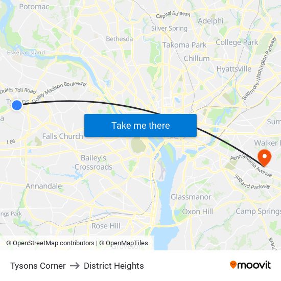 Tysons Corner to District Heights map