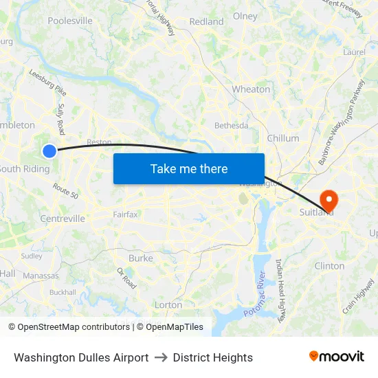 Washington Dulles Airport to District Heights map