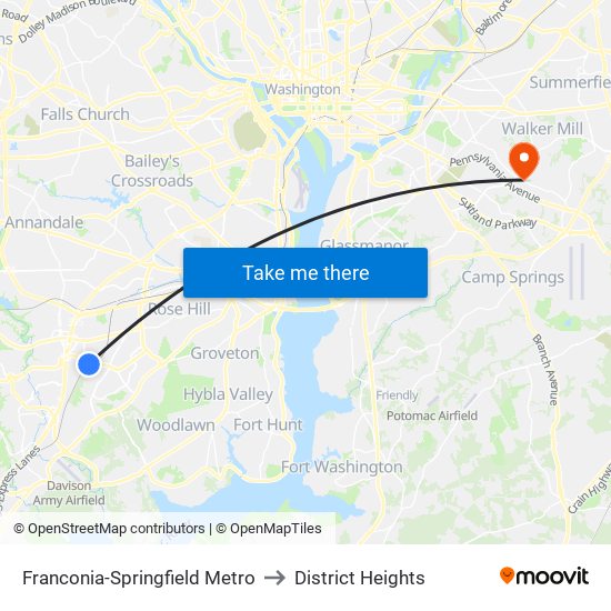 Franconia-Springfield Metro to District Heights map