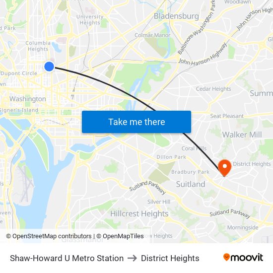 Shaw-Howard U Metro Station to District Heights map