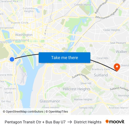 Pentagon Transit Ctr + Bus Bay U7 to District Heights map