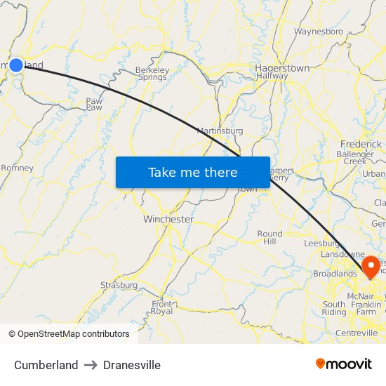 Cumberland to Dranesville map