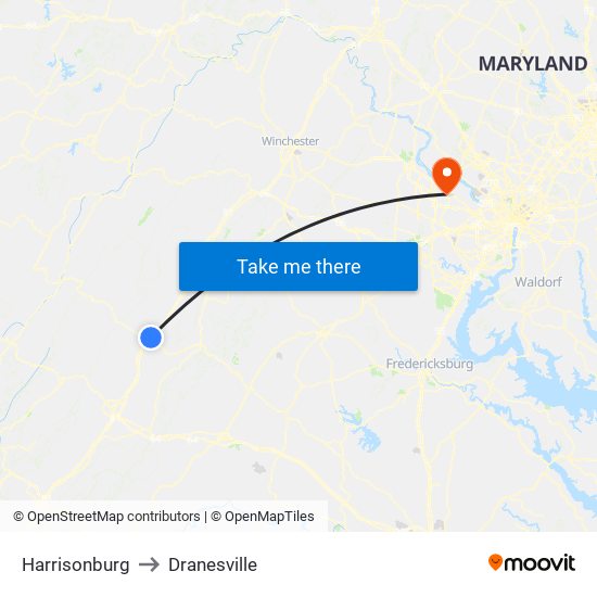 Harrisonburg to Dranesville map