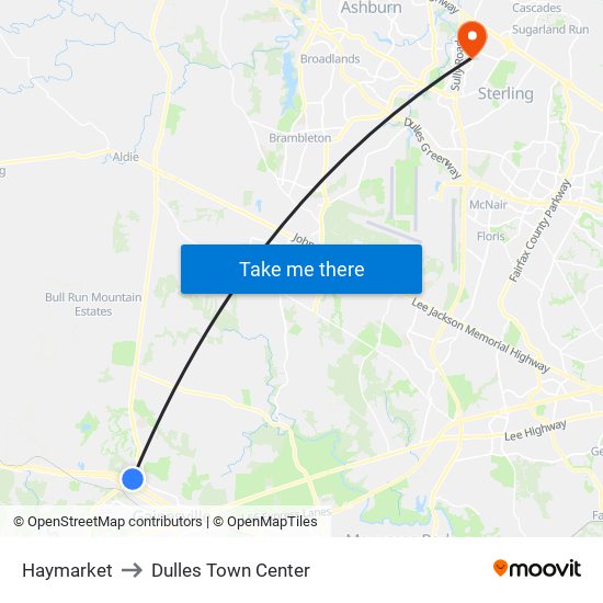 Haymarket to Dulles Town Center map