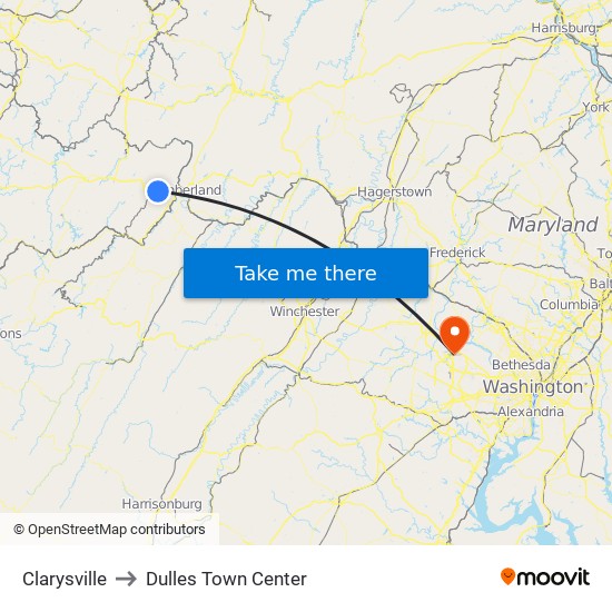 Clarysville to Dulles Town Center map