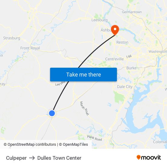 Culpeper to Dulles Town Center map