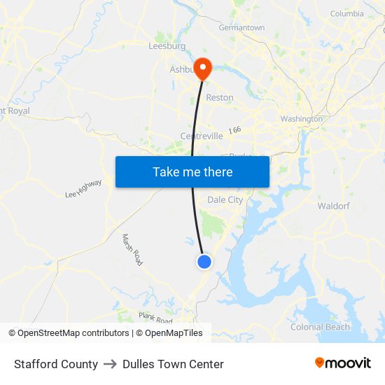 Stafford County to Dulles Town Center map